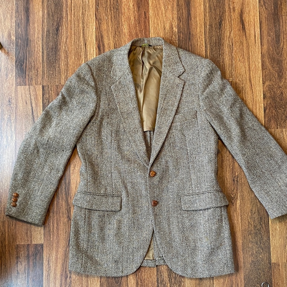 Harris Tweed 100% Scottish wool men’s tweed blazer wooden buttons vintage Sz 40